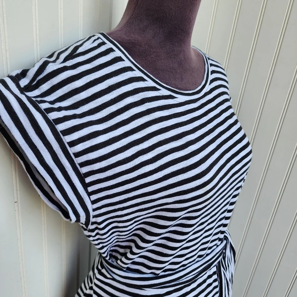 J. CREW Short Sleeve Black White Striped Dress Tie Waist Cotton Stretch Sz M